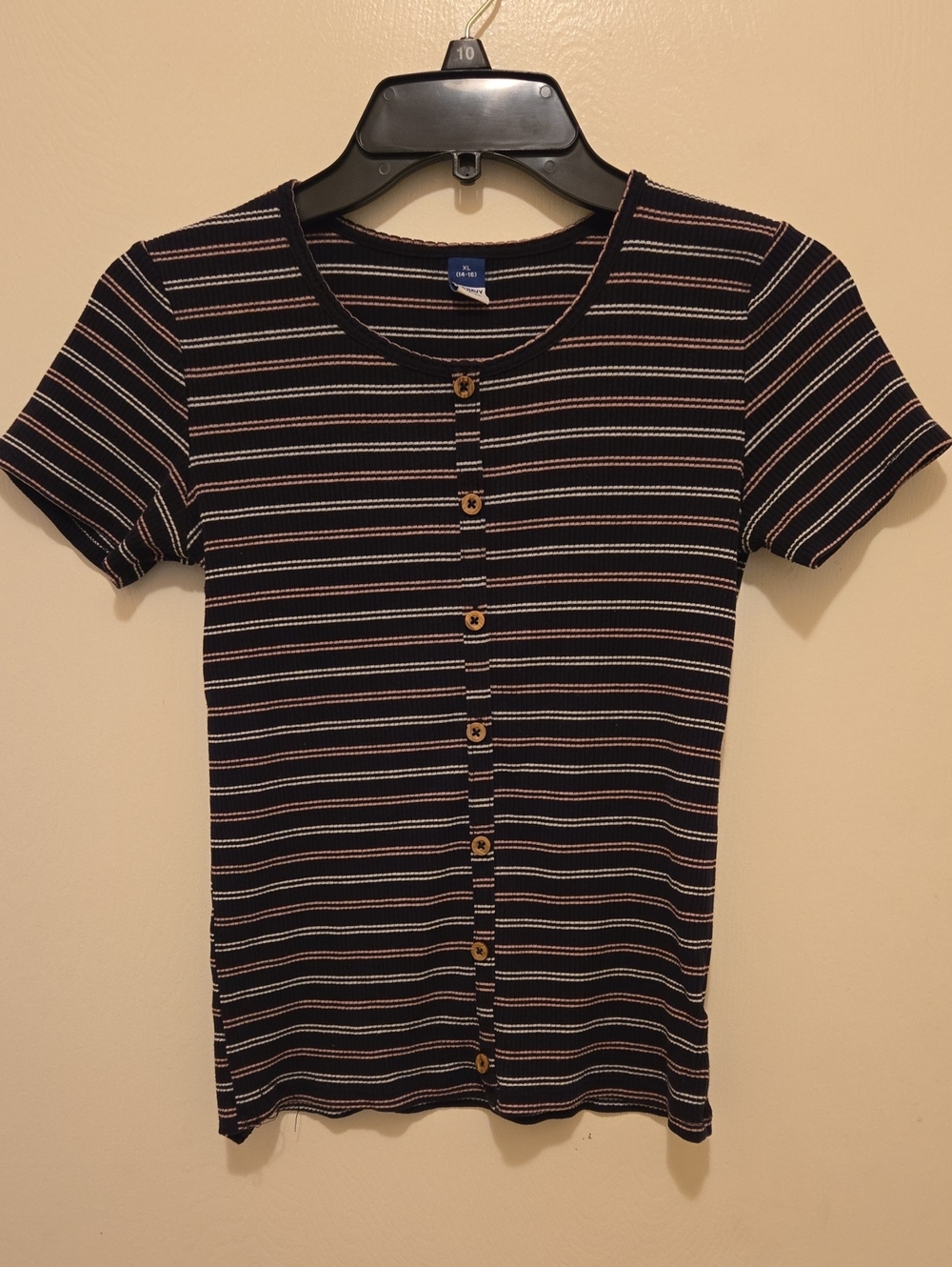 Youth Striped Button-Front Short Sleeve Top in Navy & Cream